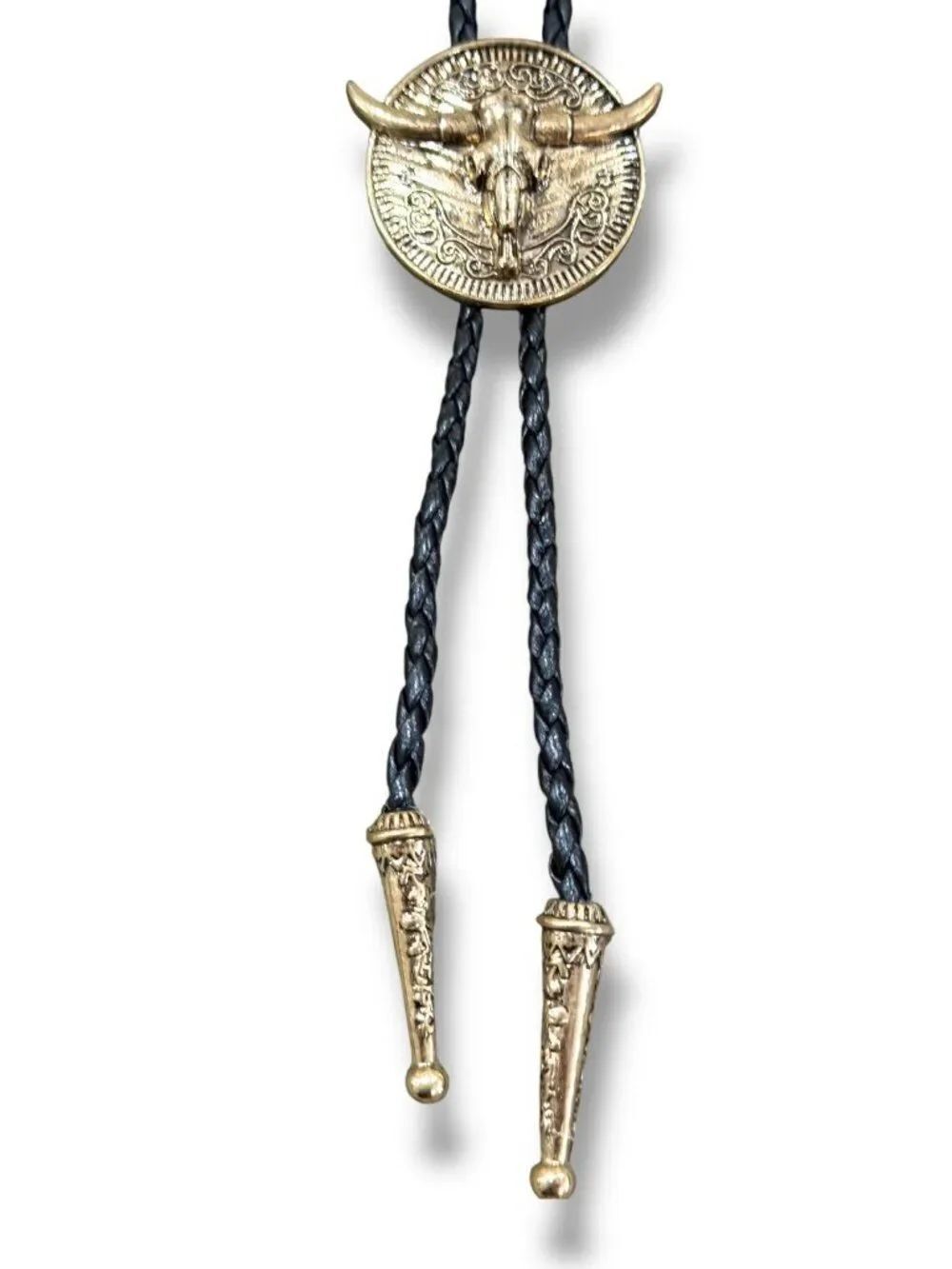 Vintage Gold Longhorn Steer Skull Bolo Tie Round Western Medallion Necklace NWT